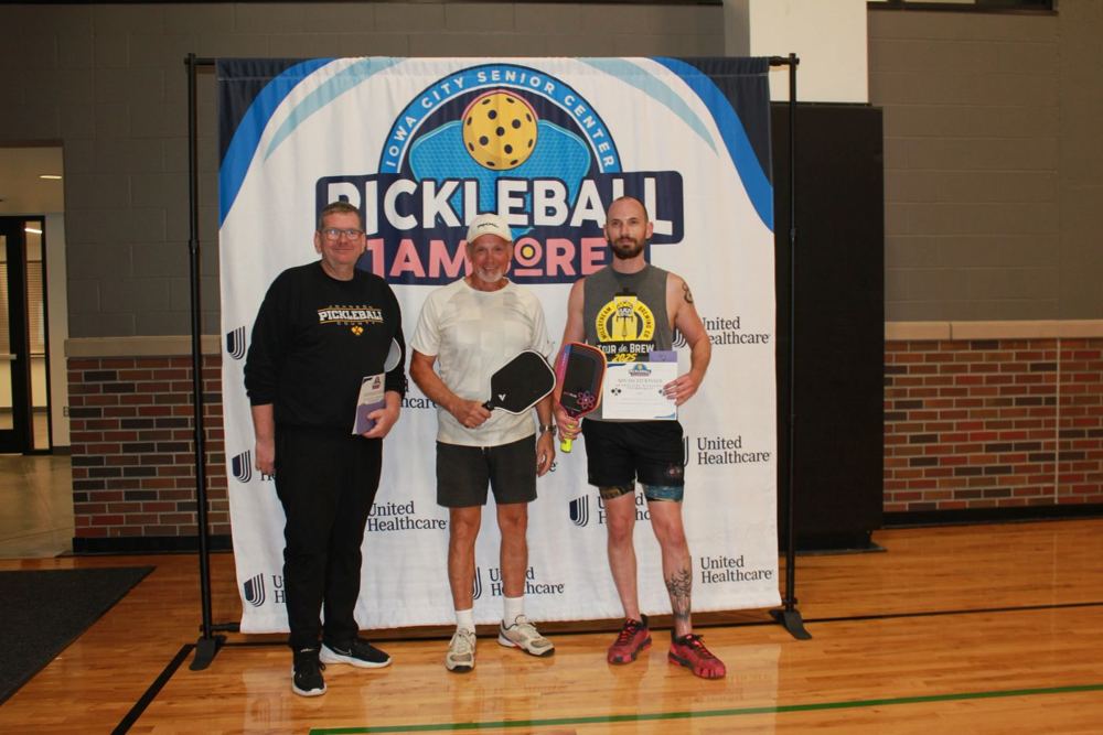 Three players with their certificates at the Pickleball Jamboree